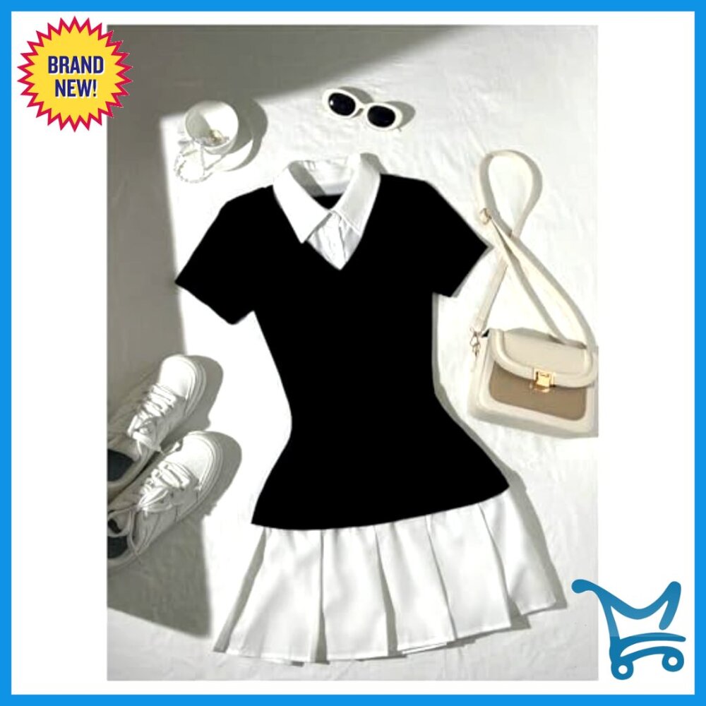 Pleated A-Line Mini Dress Short Sleeve Fitted Collar Office Work Dress - Picture 3 of 6